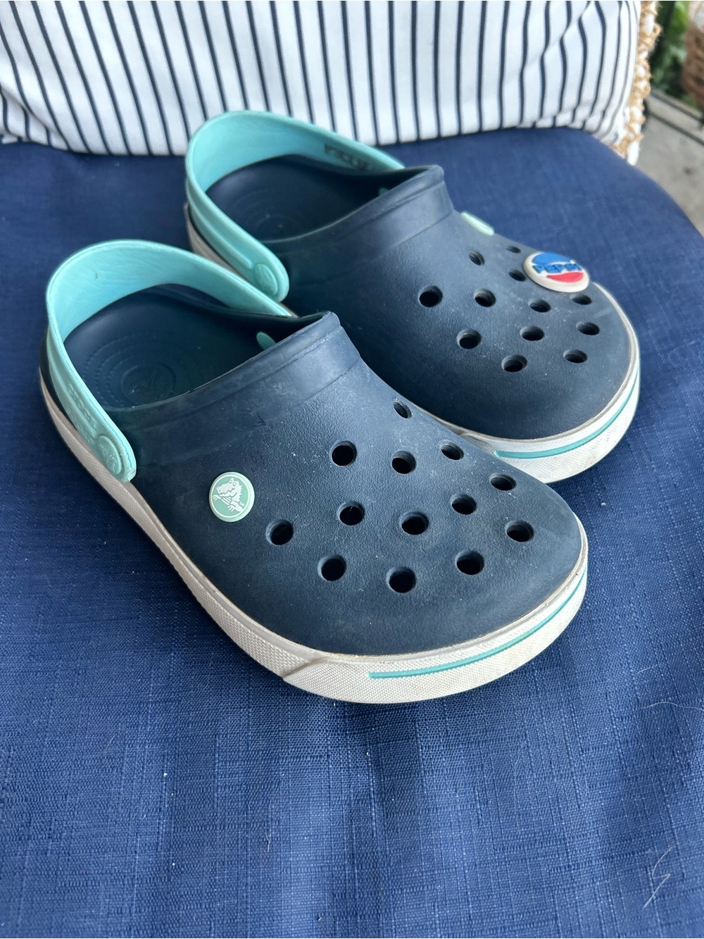 CROCS Kids Navy Clogs with Aqua Heel Strap